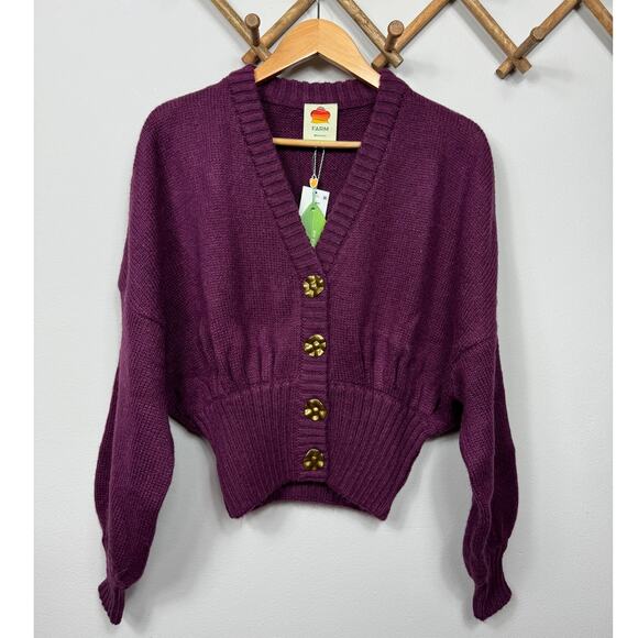 New FARM Rio Bubble Knit Cardigan in Burgundy Women Size S - Picture 2 of 10